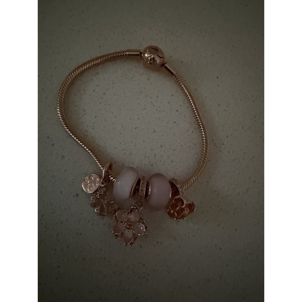 Authentic PANDORA 14k Rose Gold Plated Charm Bracelet with Charms & Spacers 7"